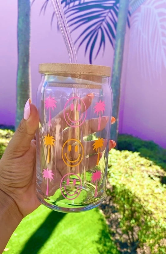 Boca Raton Palm Tree/Smiley Glass Cup