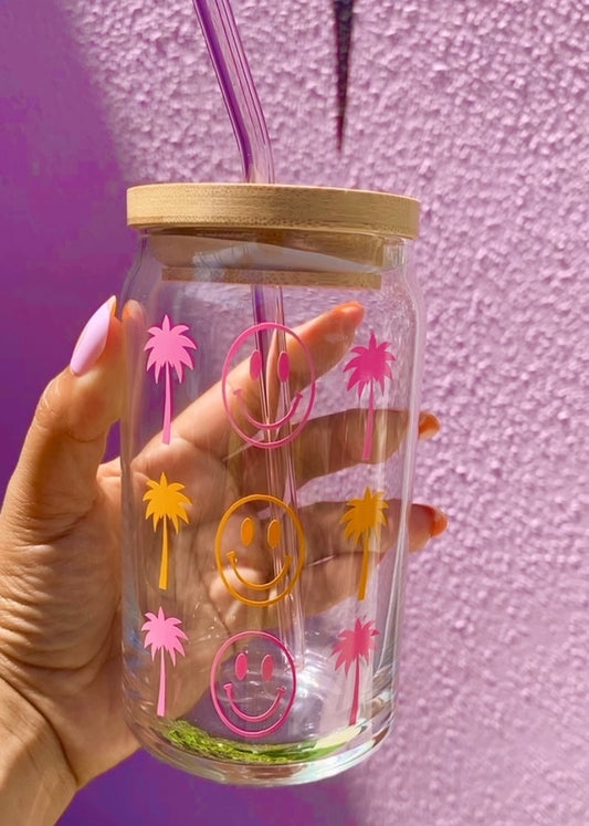 Boca Raton Palm Tree/Smiley Glass Cup