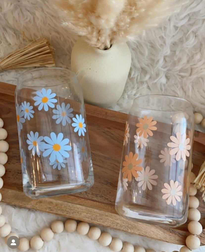 Boho Daisy Amber Glass Mug Cute Flower Coffee Cup Aesthetic 